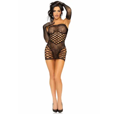 2 Pc Hardcore Net Tube Dress With Gloves One Size Black