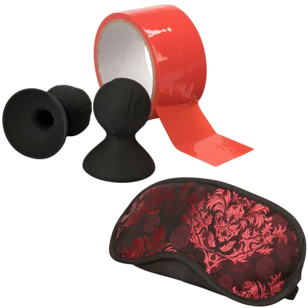 CalExotics Scandal Beginner’s Fetish Kit with Blindfold, Nipple Suckers, and Bondage Tape