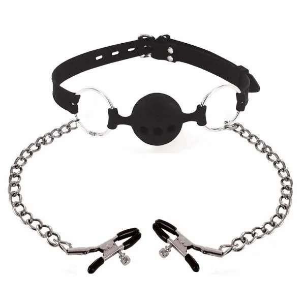 Hinder Breathable Silicone Ball Gag With Nipple Clamps