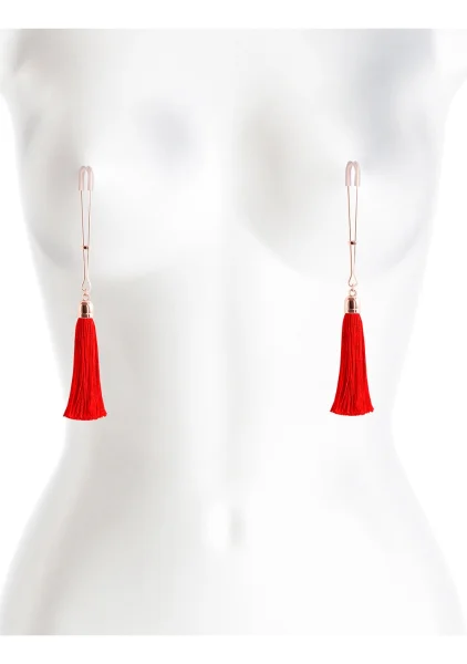 Bound Adjustable T1 Tassel Nipple Clamps by NS Novelties - Rose Gold & Red