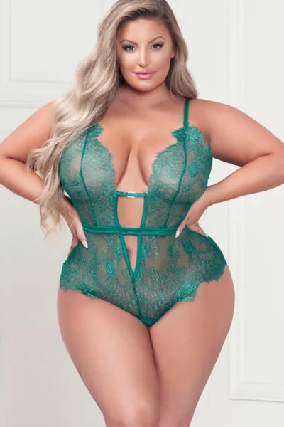 Seven Til Midnight Eyelash Kisses Green Lace Teddy with Satin Ribbon Belt Detail