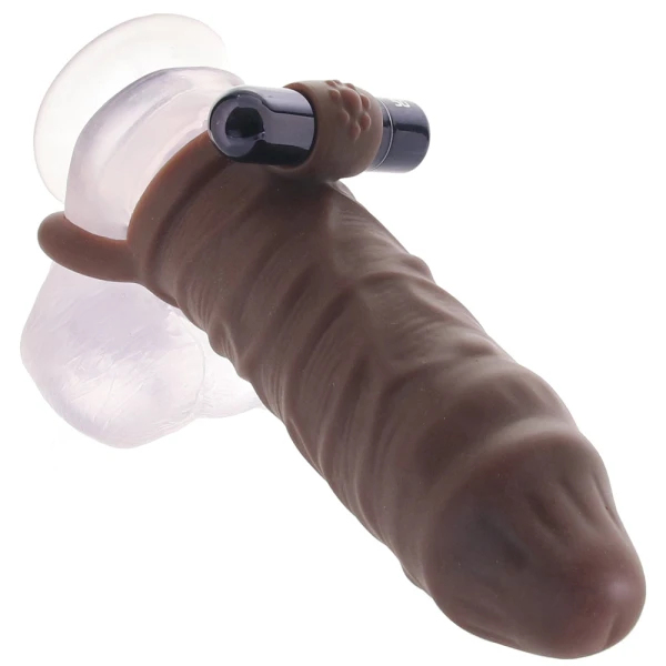 Size Up Silicone Vibrating 1 Inch Realistic Penis Extender With Ball Loop - Chocolate