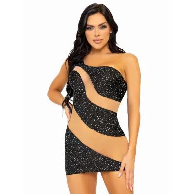Leg Avenue Black Sheer Asymmetrical Diamante Mini Dress