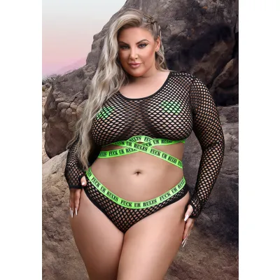 Fuck Ur Rules Long Sleeve Crop Top Panty and Pasties Queen Size