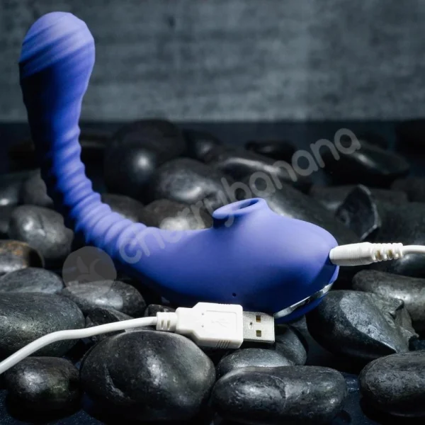 Evolved Bendable Sucker Blue Double Ended Vibrator With Clitoral Air Pressure Stimulation