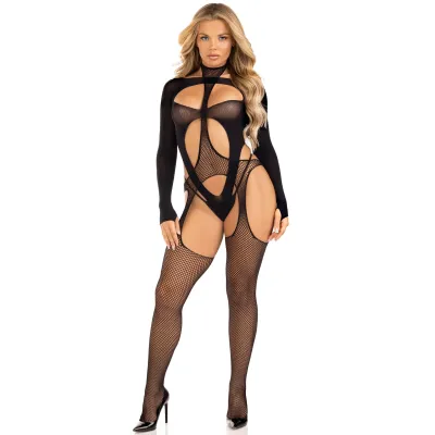 2 Pc Fishnet Halter Suspender Bodystocking and Layered Teddy One Size Black