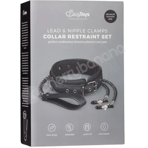 Fetish Collection Black Faux Leather Collar & Lead With Nipple Chain & Clamps