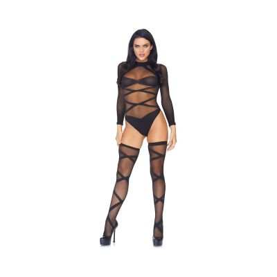 2 Piece Sheer Criss Cross Body Suit Thigh Highs O S Black