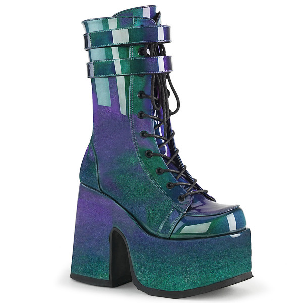 5 inches Chunky Heel, 3 inches P/F Lace-Up Mid-Calf Boot, Back Zip