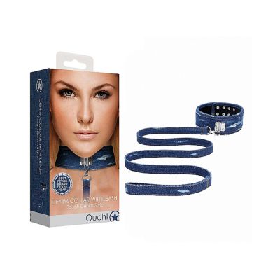 Ouch Denim Collar With Leash Roughened Denim Style Blue