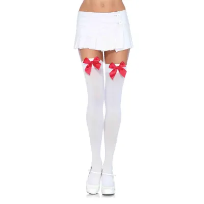Nylon Over the Knee Socks White With Red Bow