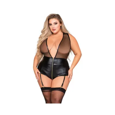 Women s Lingerie Dreamgirl Wetlook Mesh Deep v Zip front Gartered Teddy Black 3xl