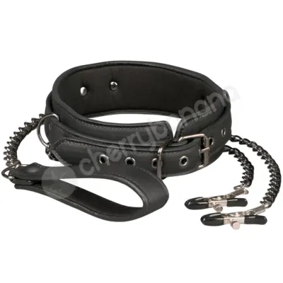 Fetish Collection Black Faux Leather Collar Lead With Nipple Chain Clamps