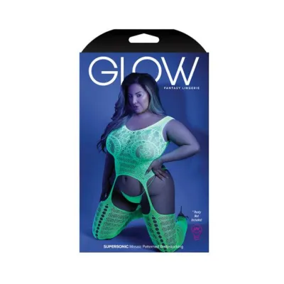 Glow Supersonic Mosaic Pattern Gartered Bodystocking Neon Green Qs