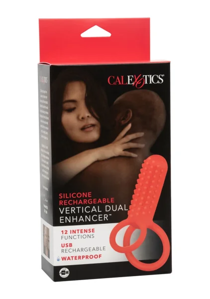 Silicone Rechargeable Vertical Dual Enhancer Vibrating Cock Ring By CalExotics - Red