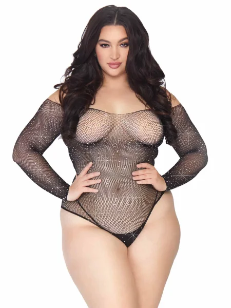 Rhinestone Snap Crotch Bodysuit - 1x-2x - Black