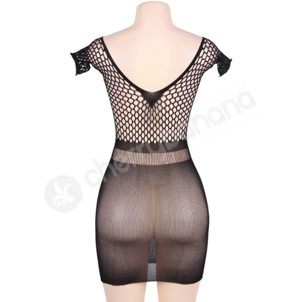 Cherry Banana Plus Size Black Crotchet Mesh Mini Chemise Dress