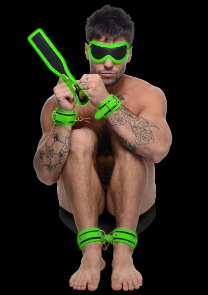 Kink in the Dark Glowing Cuffs, Blindfold and Paddle Set