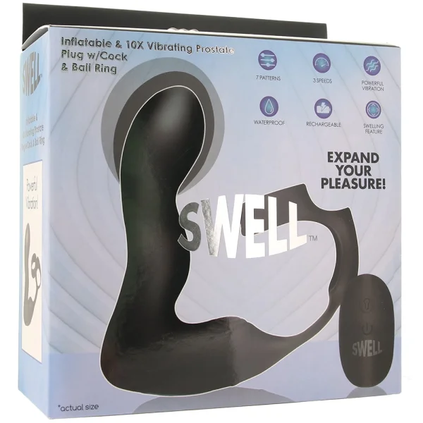 Swell 10X Inflatable Rechargeable Silicone Vibrating Prostate Plug With Cock & Ball Ring & Remote - Black — image 14 of 15