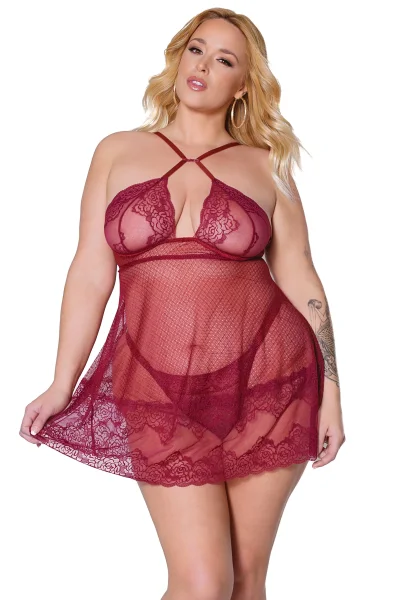 Plus Size Merlot Lace Roses Babydoll & Thong — image 10 of 12