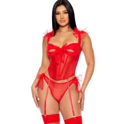 Forplay Unwrap Me 2 Piece Red Bow Bustier Set with Garters Panty