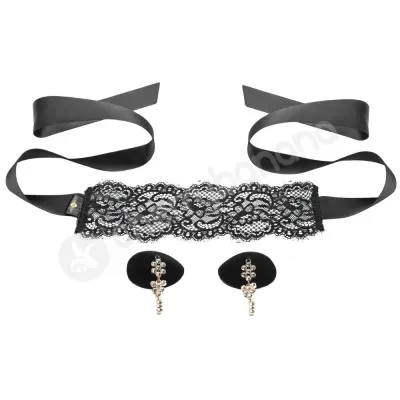 Secret Kisses Temptation Set With Black Blindfold Tassel Nipple Pasties