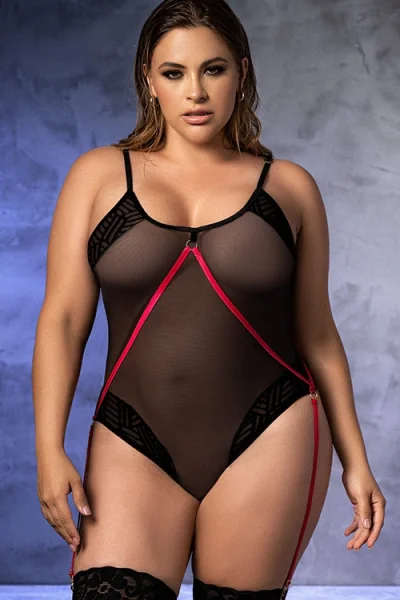 Mapale by Espiral Raspberry Liquorice Lace & Mesh Gartered Teddy