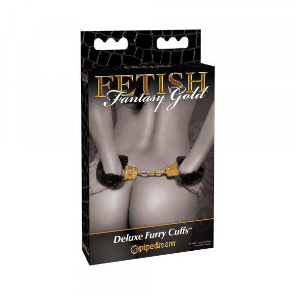 Deluxe Furry Cuffs Black Gold Handcuffs