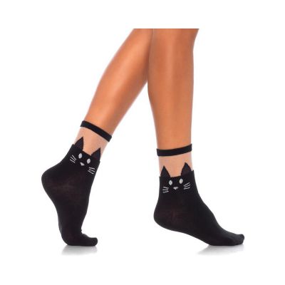Black Cat Opaque Anklet Socks Sheer Tops O S Black
