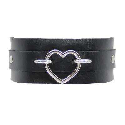 Love In Leather Faux Leather Silver Heart Collar