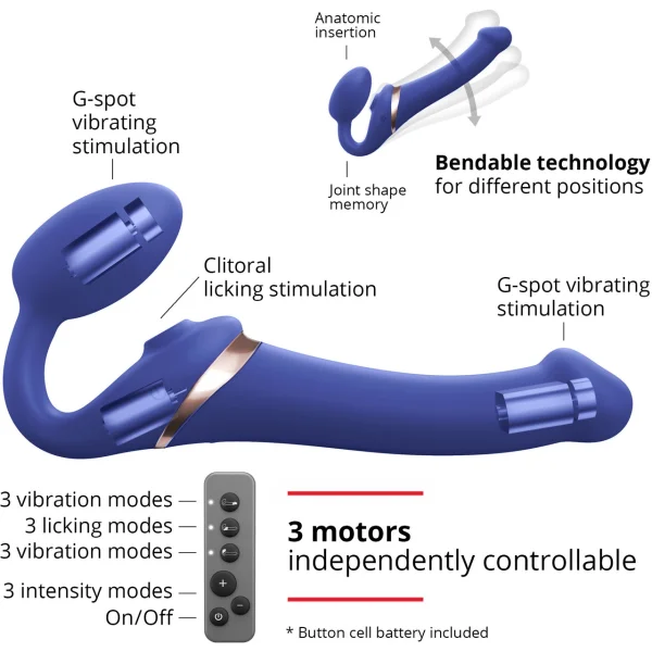 Strap-on-Me Multi Orgasm Silicone Vibrating 3 Motor Remote Strapless Strap-On, Large - Night Blue