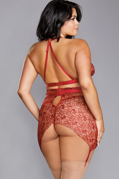 Take Control Red Mesh Bra with Garter Belt & G-String By Dreamgirl
