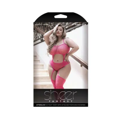 Sheer Afterglow Cutout Teddy With Attached Footless Stockings Berry Pink Queen