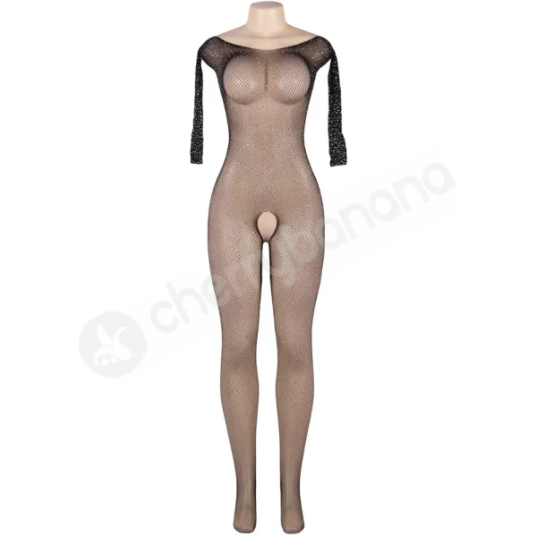 Cherry Banana Black Sparkly Diamond Fishnet Long Sleeve Crotchless Bodystocking