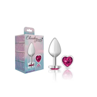 Cheeky Charms Silver Metal Butt Plug Heart Bright Pink Medium