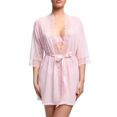 Dita Von Teese Von Follies Seduca Pink Robe with Eyelash Lace Trim
