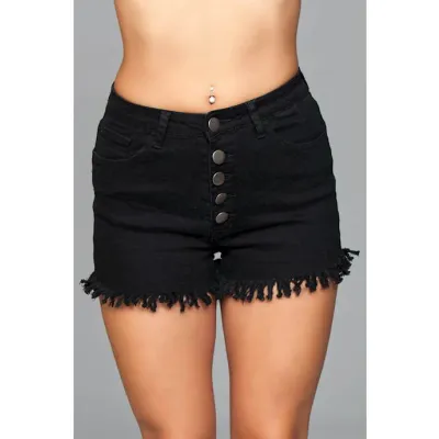 High Waisted Fringed Button Shorts Black S