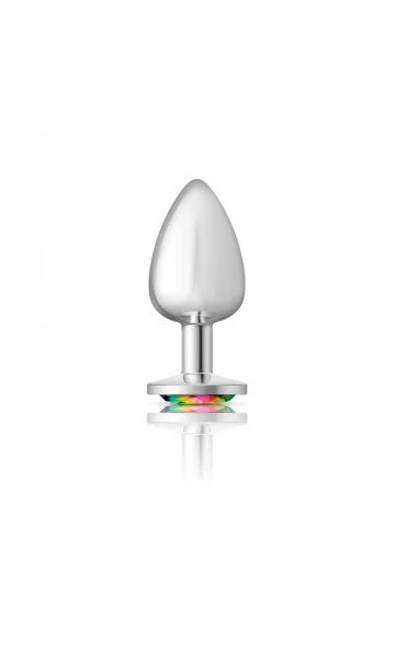 Cheeky Charms Silver Metal Butt Plug with Rainbow Gem