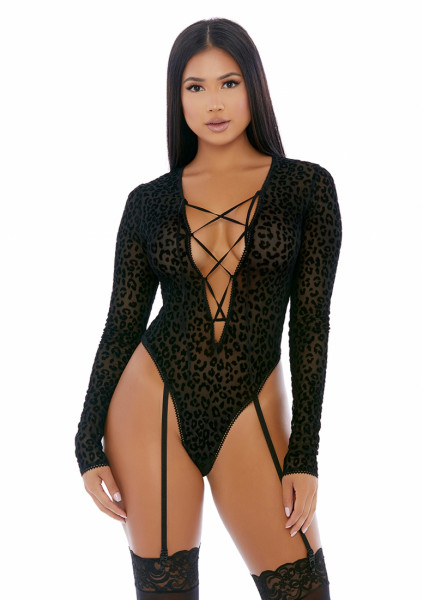 Feline Lustful Long Sleeve Teddy - Black - Cheap Kinky Lingerie
