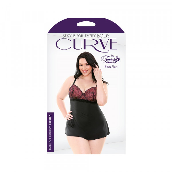 Curve Camelia Contour Cup Lace & Microfiber Chemise With G-string Pink Coral 3x/4x