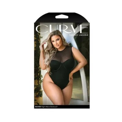 Curve Raven High neck Bodysuit With Back Cutout And Snap Closure Black 1x 2x