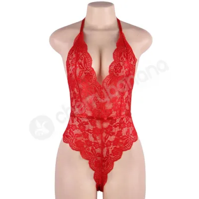 Cherry Banana Red Floral Lace Bodysuit With Adjustable Neck Back Straps