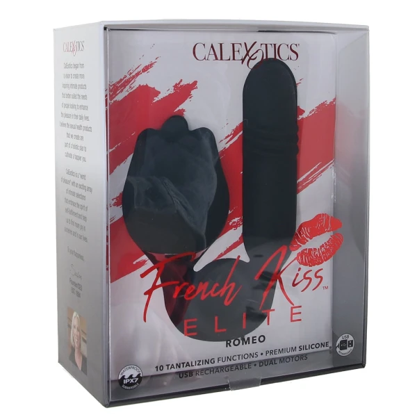 French Kiss Elite Romeo Thrusting Bullet Vibe & Flickering Tongue Clitoral Stimulator By CalExotics - Black