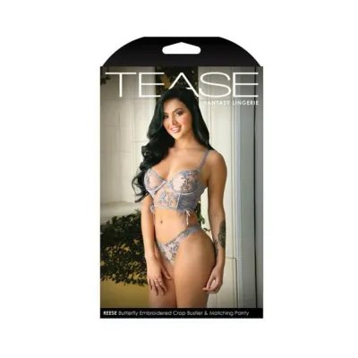 Tease Reese Butterfly Embroidered Mesh Bustier Top With Ribbon Lace up Detail Matching Panty With