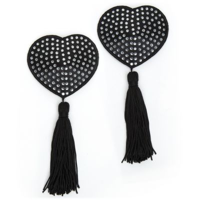 Peekaboos Black Satin Heart Shaped Diamante Nipple Tassels