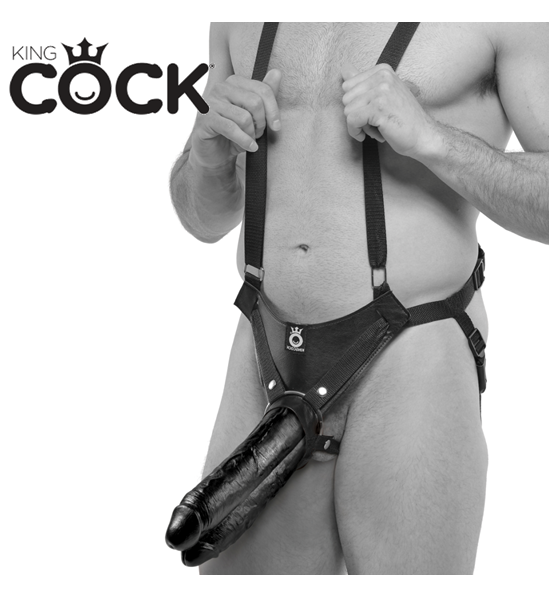 King Cock Hollow Strap-On Suspender System With 11" Two Cocks One Hole: Black