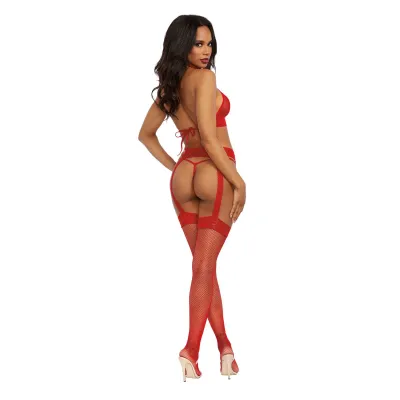 Bralette Garterhose and G String One Size Rouge