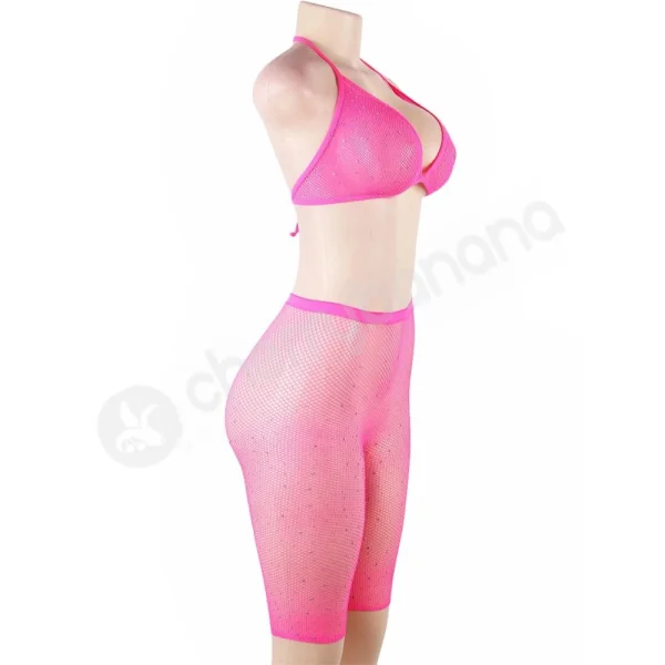 Cherry Banana Pink & Rhinestone Fishnet Bikini Style Top & Shorts Set
