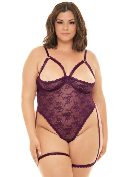 Oh La La Cheri Elayne Purple Open-Cup Crotchless Lace Body with Garter Straps