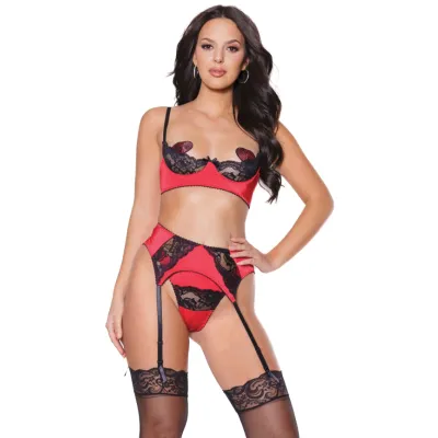 Red Black Lace Underbust Bra Panty Garter Belt